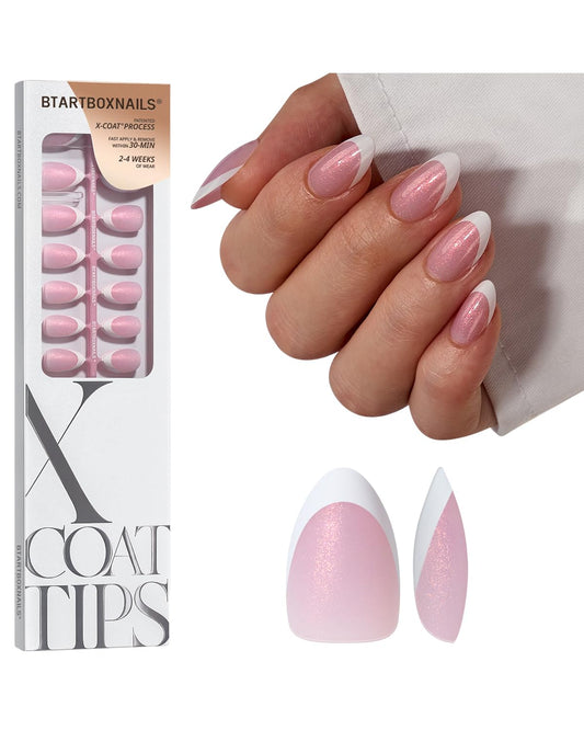 BTArtboxnails XCOATTIPS French Tip Press On Nails - Pink Glitter Base Short Almond Press On Nails, 96 Pcs Salon Quality Soak Off Soft Gel Nail Tips Extension in 16 Sizes