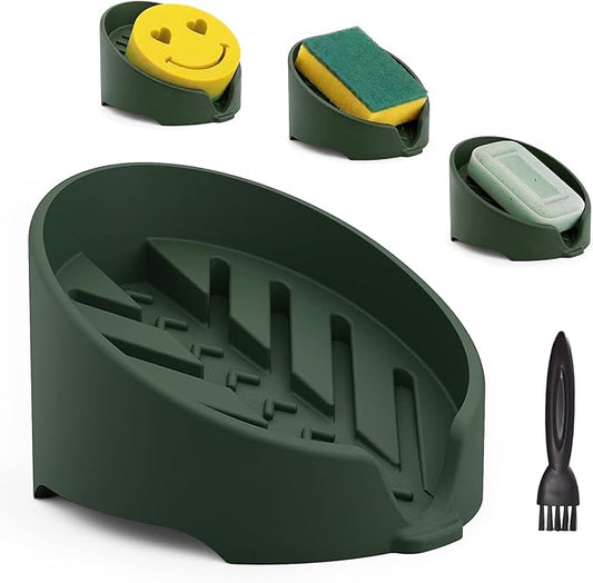 NiHome Silicone Sponge Holder Compatible with Scrub Daddy Mommy Sponges for Kitchen & Bathroom, Auto Draining Organizer, Holds Multiple Sponges & Cleaning Tools, Food-Grade,Dishwasher Safe(Dark Green)