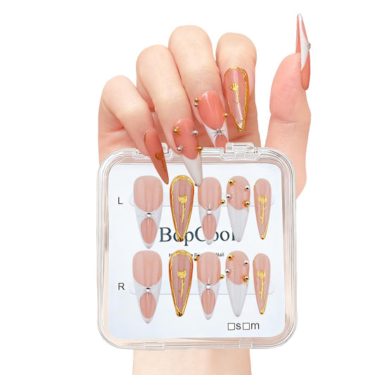 Luxury Long Stiletto Handmade Press-On Nails – Nude Almond Acrylic False Nails with 3D Rhinestones & White French False Nails – Reusable Nail Art(10PCS-M)