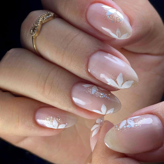 Glitter Pink Press on Nails with Flower Designs, Cute Pink Fake Nails Short Shaped French Tip Nude Acrylic Nails Gloss False Nails Reusable Glue on Nails for Women Girls 24Pcs