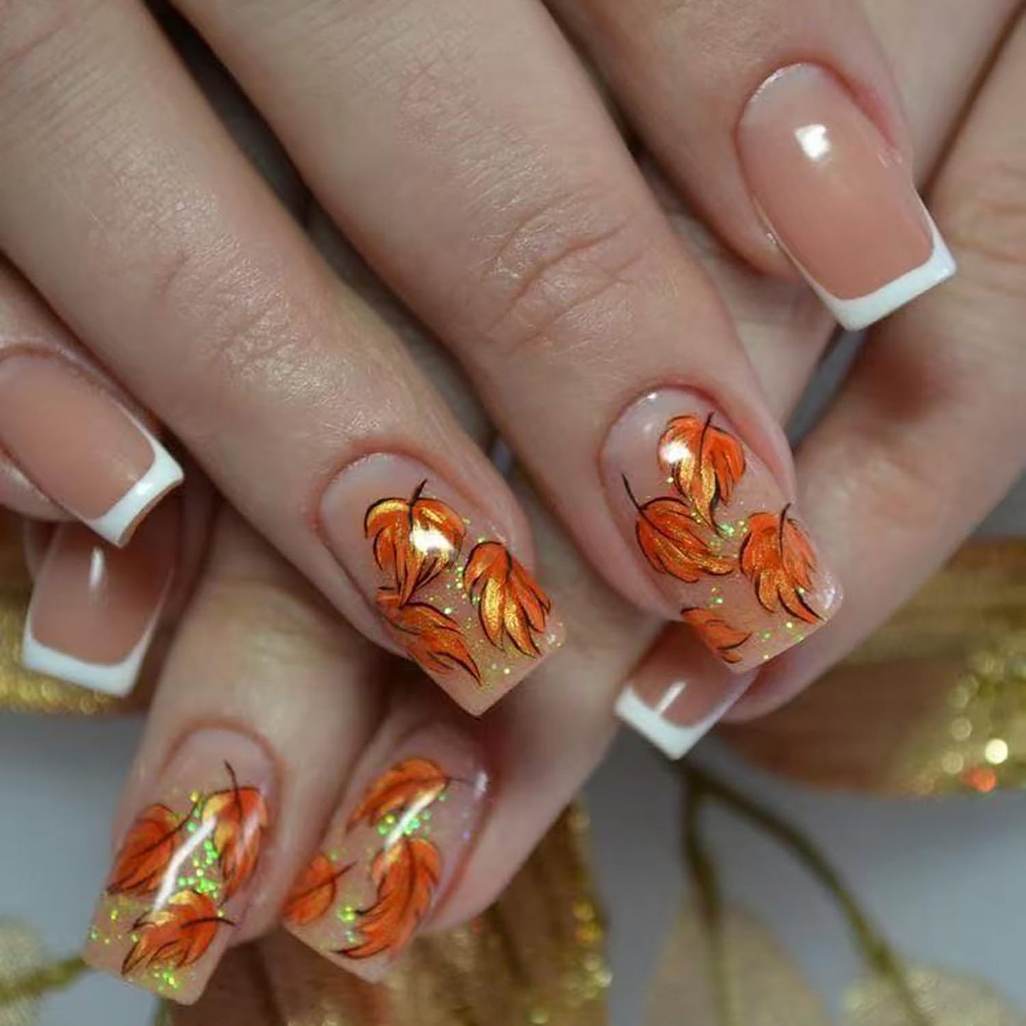 EYZOTSF Thanksgiving Press on Short Square Nails Acrylic Fall False Nails with Maple Leaf Designs Artificial Autumn Leaves Square Fake Nails Holiday Glue Stick ons Fingernails for Women(DJ246)