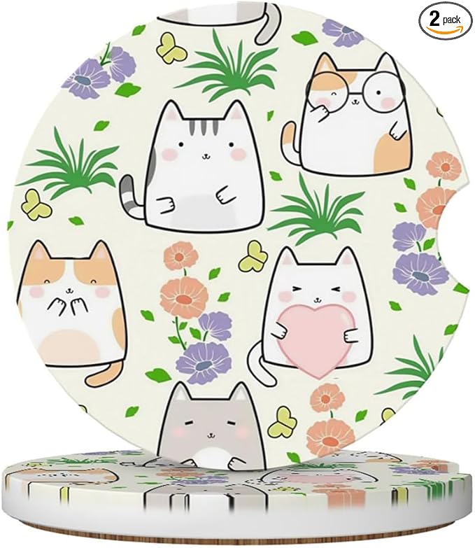 Car Cup Holder Coasters, 2 Pcs Ceramic Coasters with Cork Back and Finger Slot, Anti-Slip Shock Absorbing Women and Men Universal Car Accessories - Love Cat