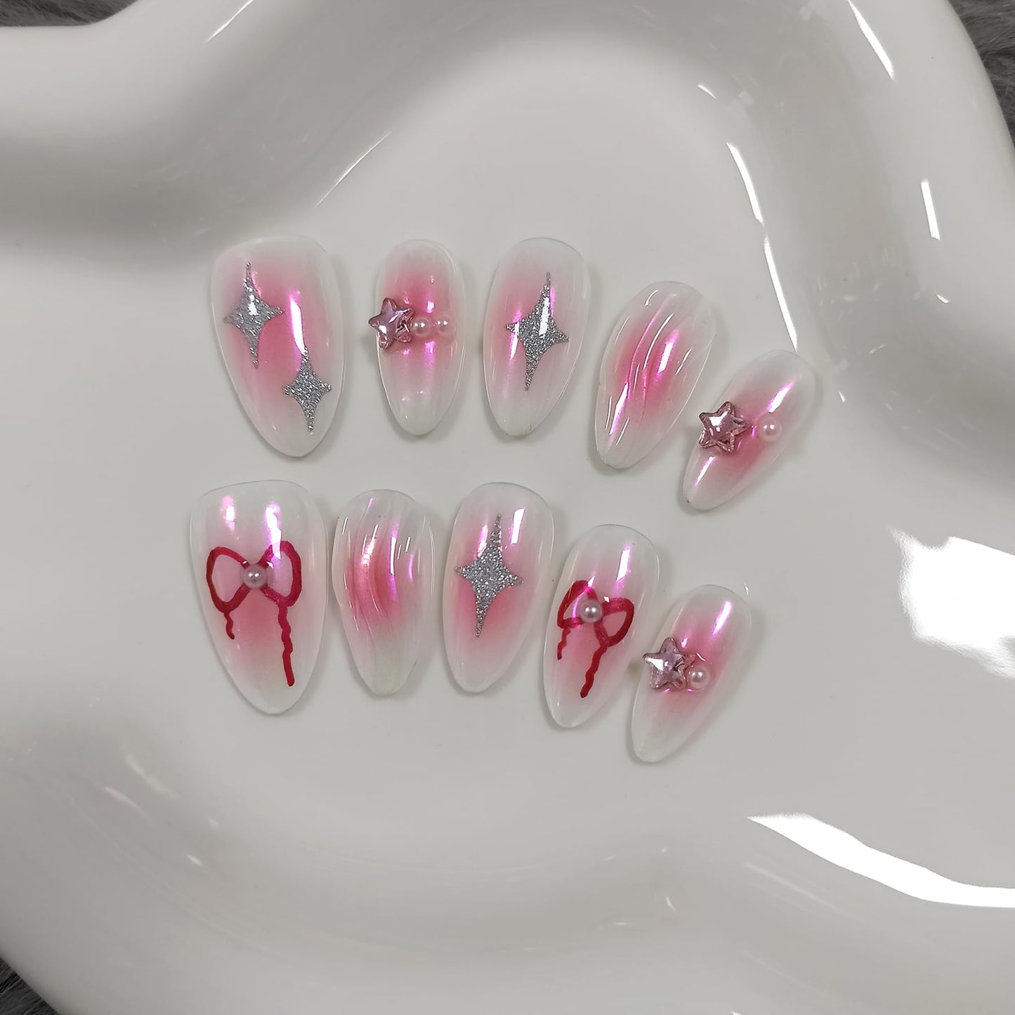 TENPAL Handmade Press On Nails Almond-Aurora Pink Acrylic Soft Gel Finished Reusable Fake Nails,Y2k Sweet Cool Glue On Nails With 3D Star Bow Charms 10pcs/Box Manicure Kit Sets (L)