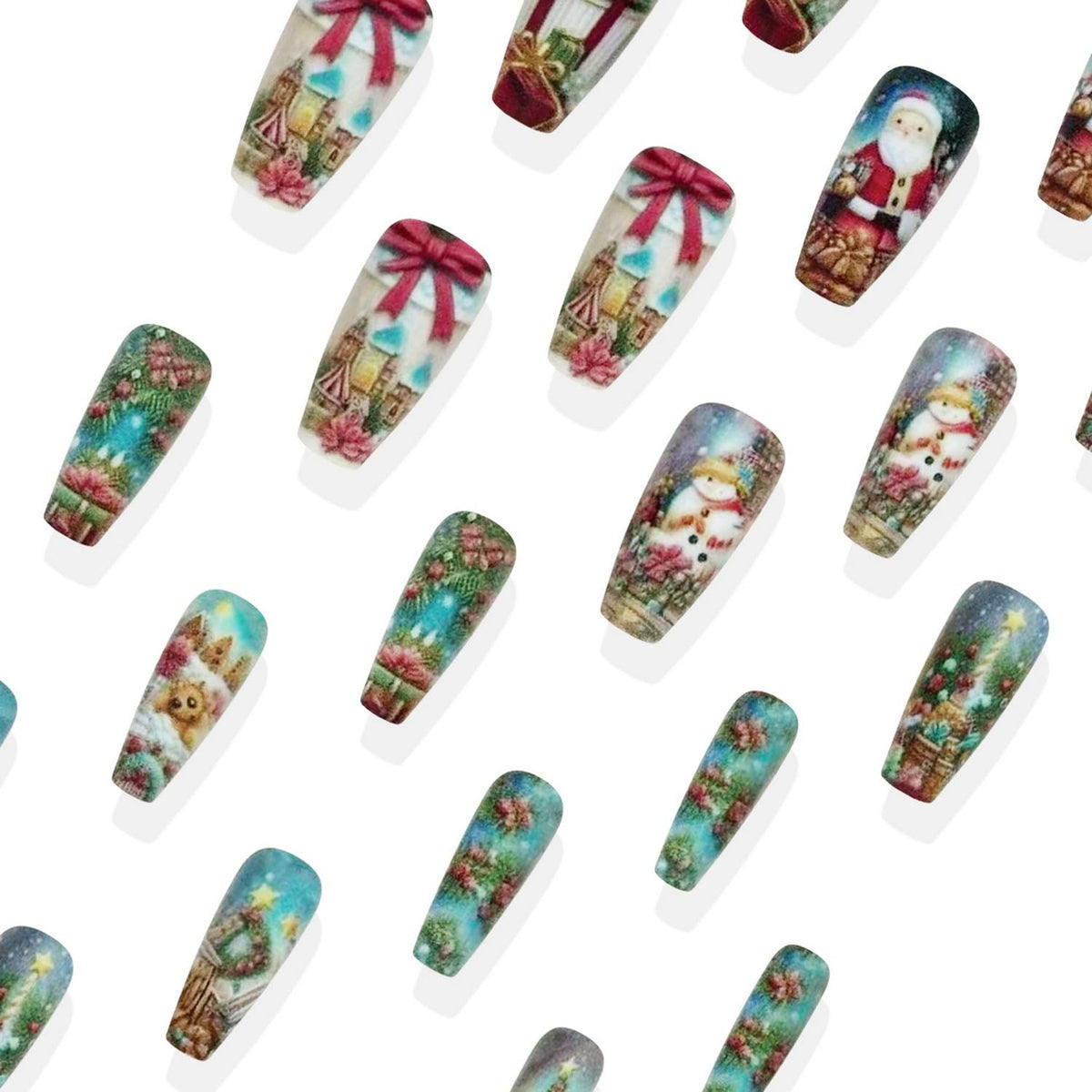 Xmas Press on Nail Long Coffin Fake Nails Retro Press ones with designs Christmas Tree Santa Claus Reindeer Pattern Acrylic Stick on Nail Full Cover Christmas False Nails Gel Glue on Nails for Women