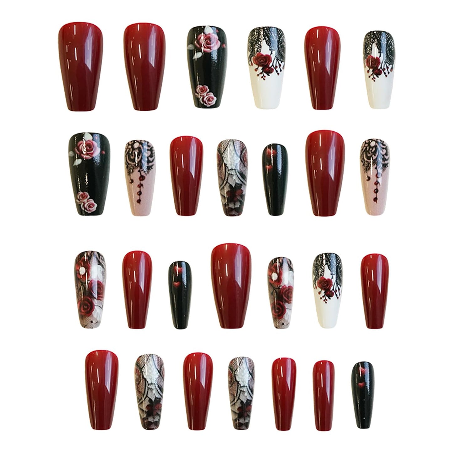 24Pcs Flower False Nails Red Press on Nails Medium Rose Flower Design Glossy Acrylic Nails Black Lace Fake Nails Valentine's Coffin Nails Heart Stick on Nails Full Cover Glue on Nails for Women