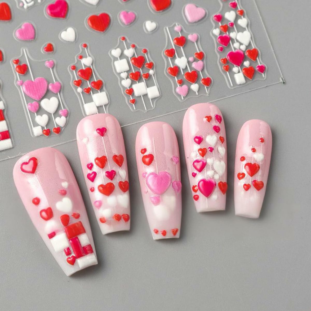 Valentine’s Day Nail Stickers for Nail Art, 5D Embossed Love Heart Nail Decals 2PCS Red White Pink Heart Envelope Rose Balloons Self-Adhesive Valentines Nails Design Manicure Accessories for Women