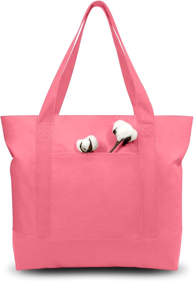 TOPDesign 6-Pack Canvas Tote Bags with an External Pocket, Reusable Grocery Shopping Bags, Top Zipper Closure, Daily Essentials (Rose Pink)