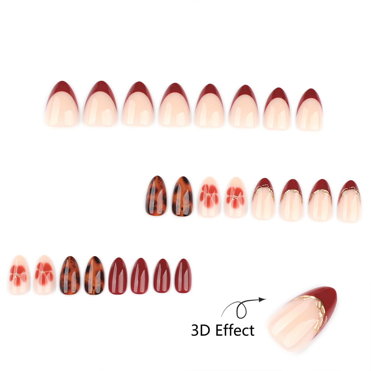 Stbisen French Short Oval Gel Press on Nails, Nude Fake Nails with Wine Red French Tip, Stick on Nails，Glue on Nails with Flower & Brown Tortoise Shell Design, Reusable Press on Nail for Women, 24PCS