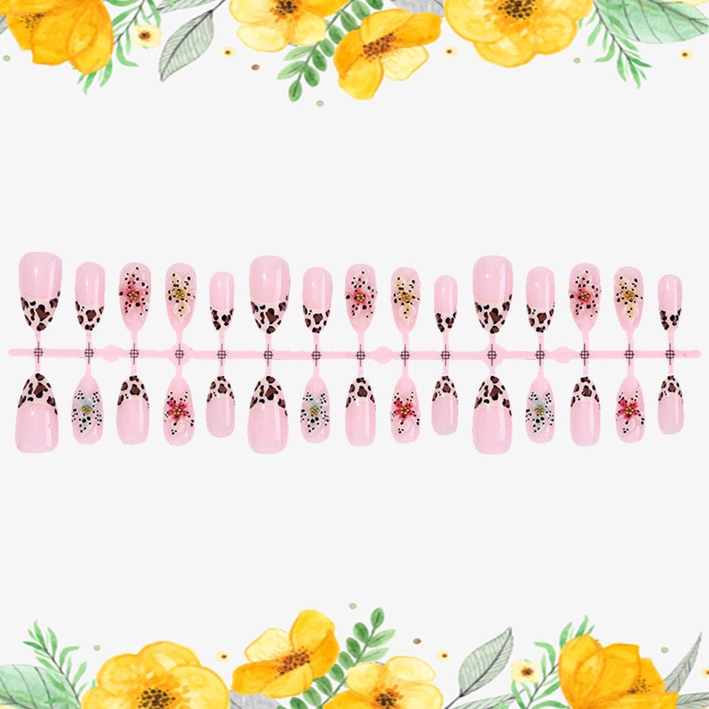 TBRZTR 30Pcs Flower Press on Nails Medium Artificial Almond Acrylic Fake Nails French Leopard Print 3D Floral with Gold Beads Stick on Nail Full Cover Reusable Coffin Artificial Fingernails for Women