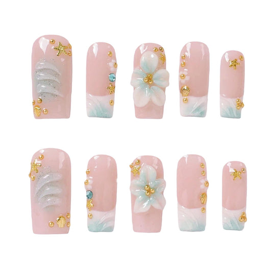 Tesytto Handmade Press On Nails Mermaid Ocean Pink Medium Square French Tip with Gold Starfish Shell 3D Flower Pearl Charm, Reusable Summer Beach Vacation False Nails,10 Pcs (Coastal Island Bloom,M)