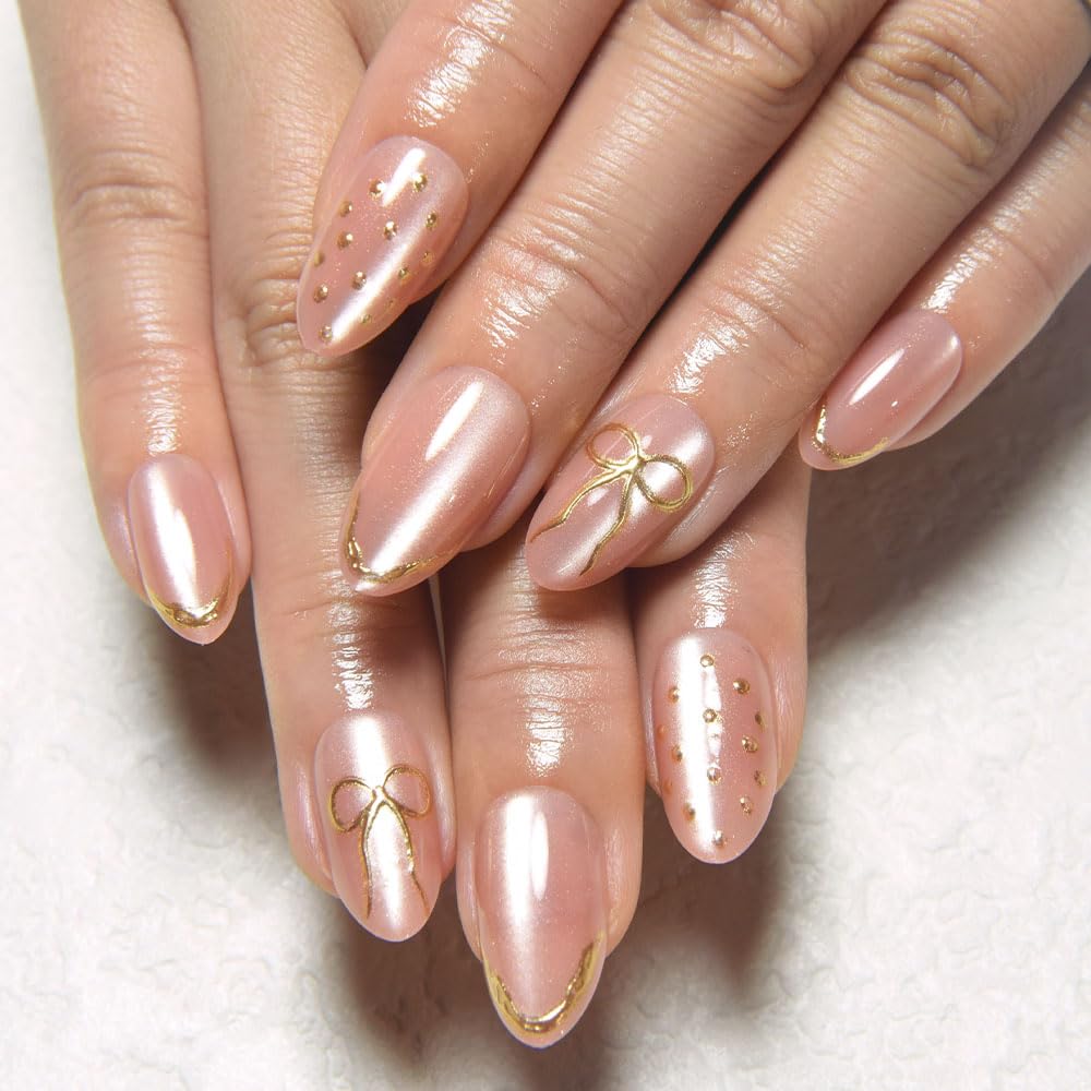 evpct Pale Nude Cat Eye Press on Nails Short Almond No Glue, 3D Gold Line Design Short Almond Stick on Nails for Women, Reusable Full Cover Soft Press on Fake Nail Perfectly Fit with 3D Bowknot Design