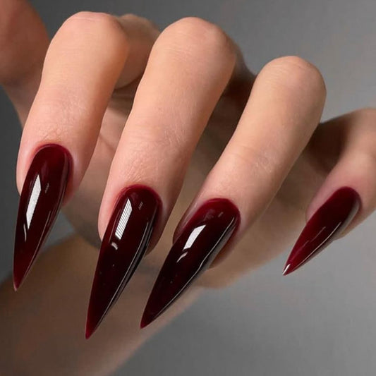24Pcs Halloween Press on Nails Long Stiletto Fake Nails Dark Red Design Stick on Nails Horror Vampire False Nails Glossy Reusable Full Cover Acrylic Glue on Nail for Women Nail Art Decoration