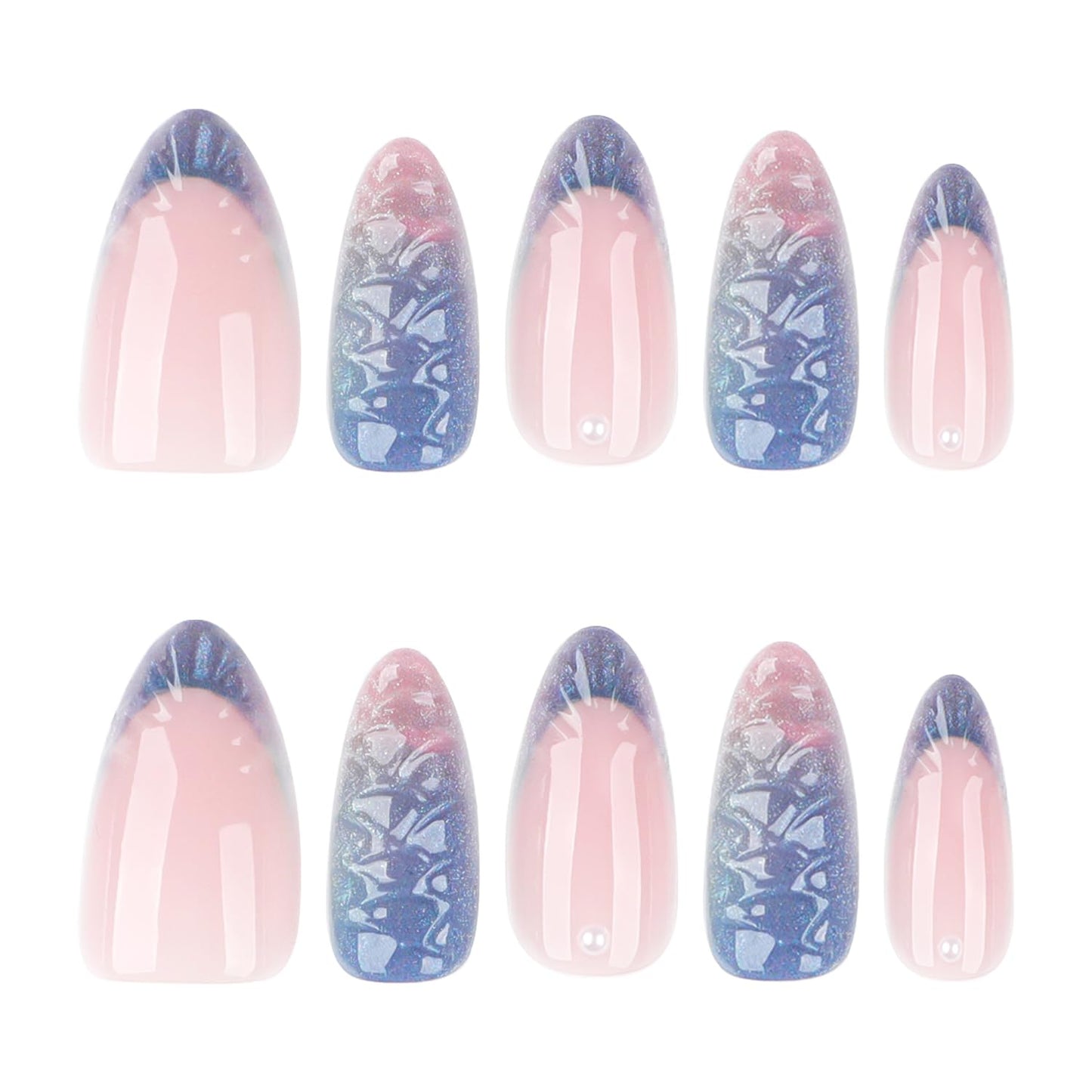 24pcs French Tip Press on Nails Short Almond Fake Nails with 3D Designs Pearl Glue on Nail Blue False Nail Glitter Full Cover Acrylic Nail Stick on Nails for Women Nail Decoration