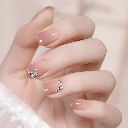 Vezocim Press on Nails Short Square-24Pcs Glossy Full Cover Acrylic Rhinestone False Nails with Gradient Designs Artificial Extra Short Square Fake Nails with Glue Stick on Fingernails for Women Girls
