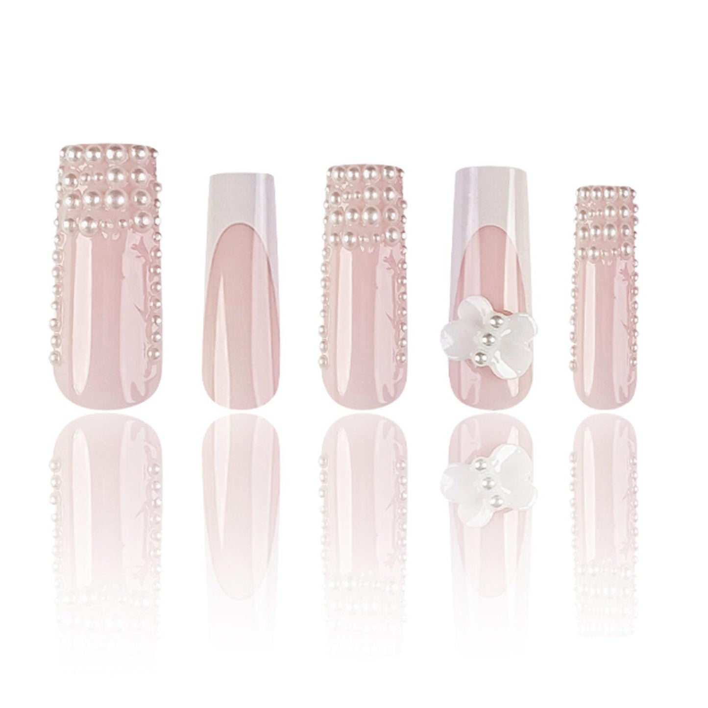 Kamize Long Fake Nails French Press on Nails Full Cover Acrylic Square Pearl Fake Nails for Women and Girls 24PCS