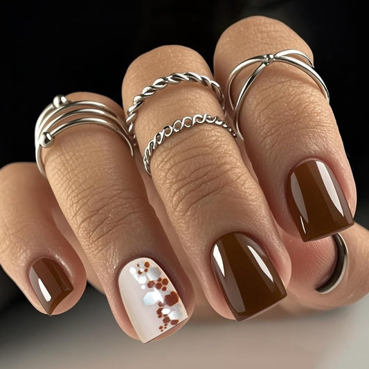CTTHNBD Square Press on Nails Short - Brown Fake Nails with Silver Sequins Design - Glossy Full Cover Stick on False Nails for Women - 24 Pcs