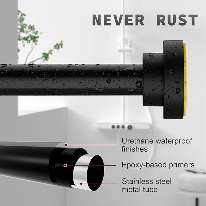 Thestoa Shower Curtain Rod Adjustable 43-66 inch, 1"Diameter Spring Tension Curtain Rod No Drill, Anti-Rust Non-Slip Shower Rod, Black Shower Curtain Rod for Bathroom Tension
