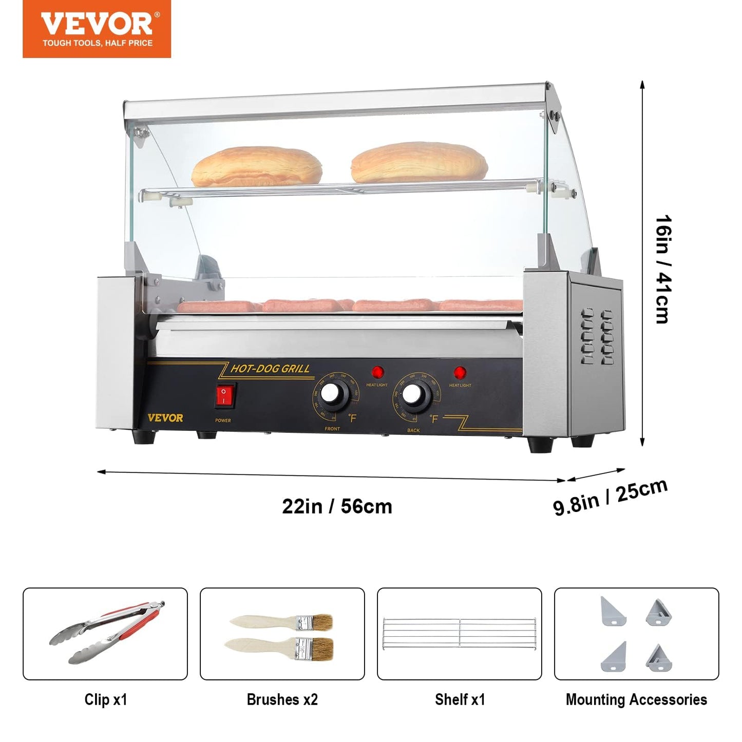 VEVOR Hot Dog Roller, 12 Hot Dog Capacity 5 Rollers, 750W Stainless Steel Cook Warmer Machine with Cover & Dual Temp Control, LED Light & Detachable Drip Tray, Sausage Grill Cooker