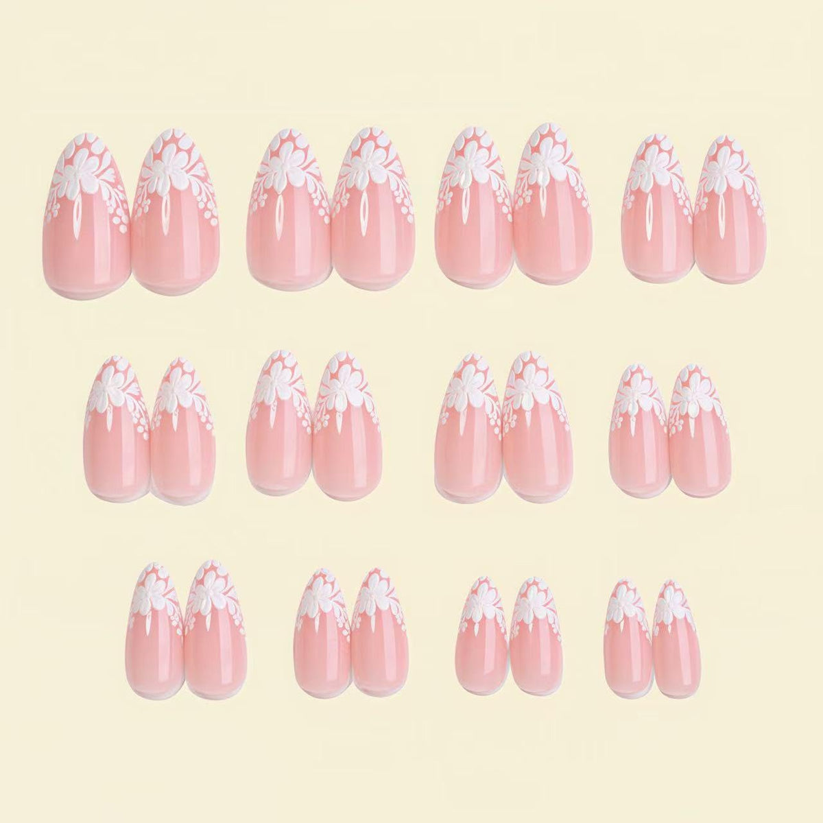 3D Floral French Press on Nails Medium Almond Fake Nails White Lace Floral French False Nails with 3D Daisy Flower Design Glossy Spring Stick on Nails for Women Girls Manicure Decoration 24 pcs