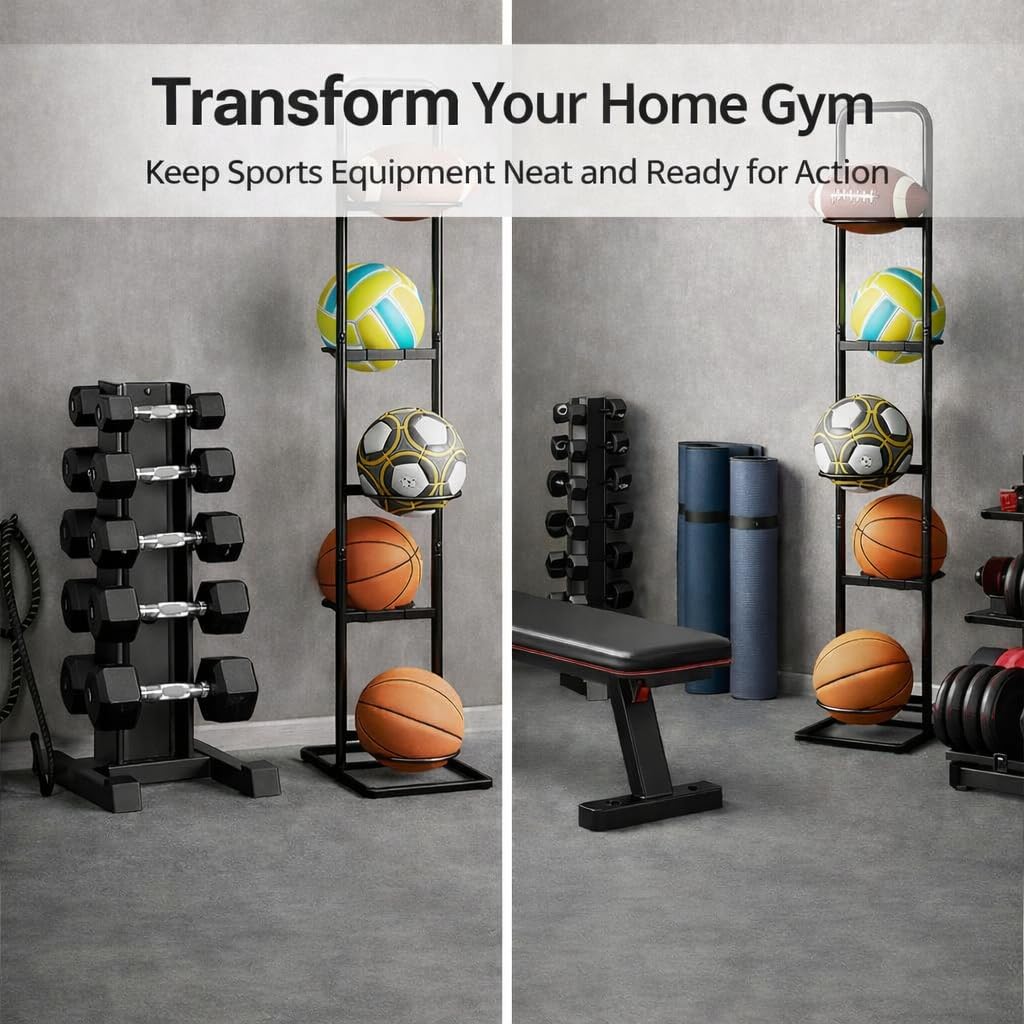 MLUPODY Vertical Ball Rack -basketball rack- Durable Carbon Steel Storage for Basketball, Soccer, Volleyball, and More - Easy to Assemble, Waterproof, Sturdy - 56.7" H"