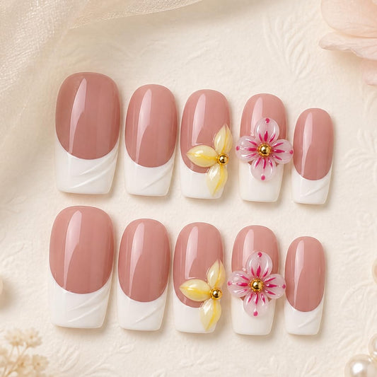 2IM Studio Handmade Press On Nails – 10 Piece Soft Gel Nail Kit with Glue & Tool Set, Reusable Artisan Nails, Salon-Quality Finish (Rosy French-S)