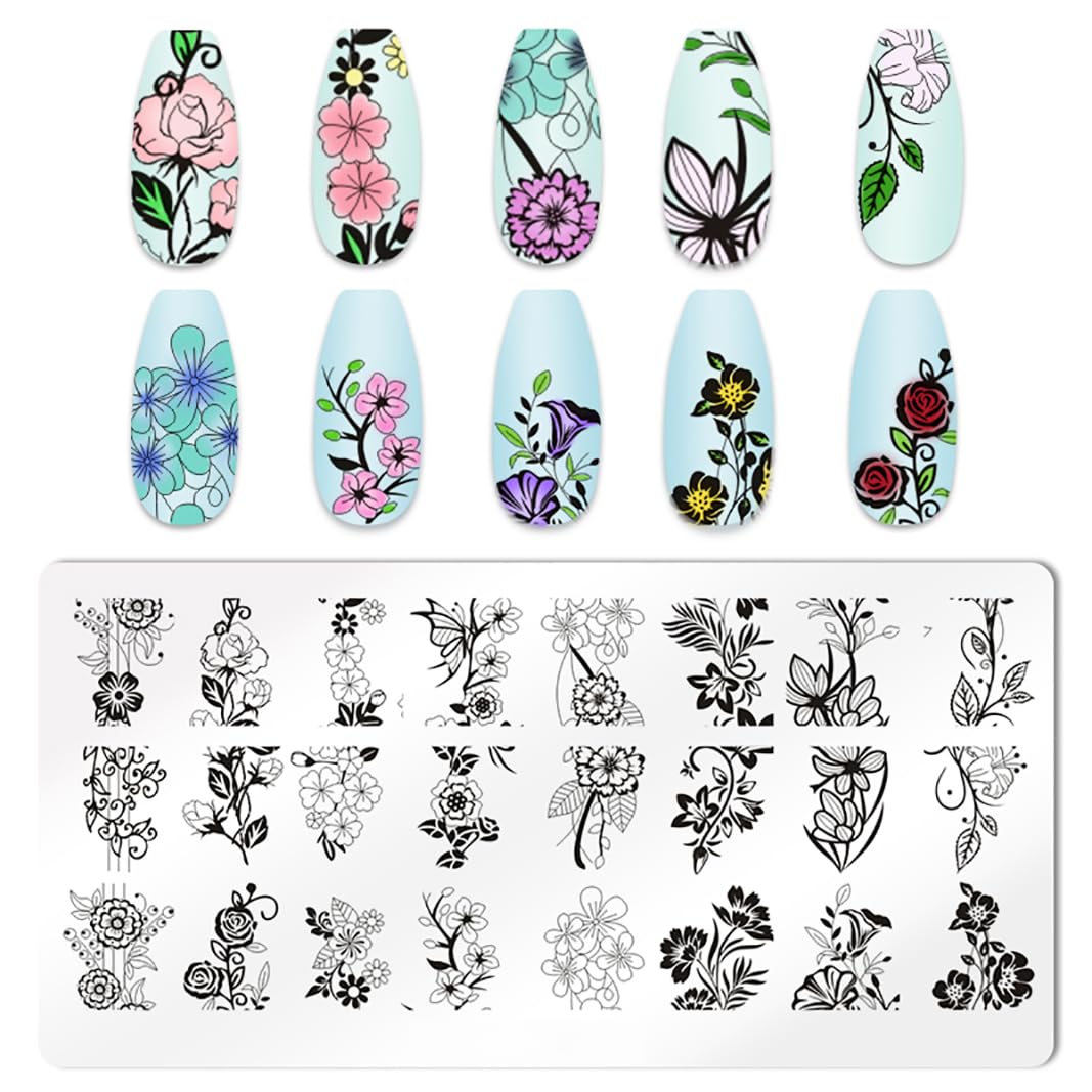 JERCLITY 6pcs Flower Nail Stamping Plate Nail Stamping Kit for Nails Rose Flower Lotus Butterfly Leaf Image Plates Nail Design Template Print Nail Stamper Kit for Women