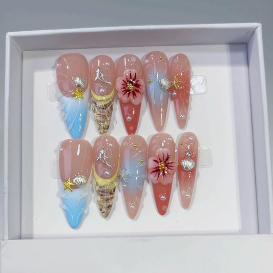 Handmade Press on Nails Long Stiletto False Nails Blue French Tip Fake Nails with 3D Red Flower and Dolphin Designs Sparkly Rhinestones Charm luxury Artificial Nails for Women (Size M）10pcs