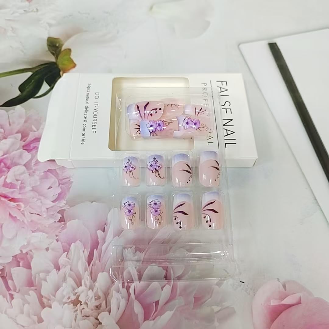 Purple French Press on Nails Short Square Fake Nails Nude False Nails Press ons with Purple Flower Design Glitter Nail Art Tips Full Cover Acrylic Glue on Nails for Women 24 Pcs