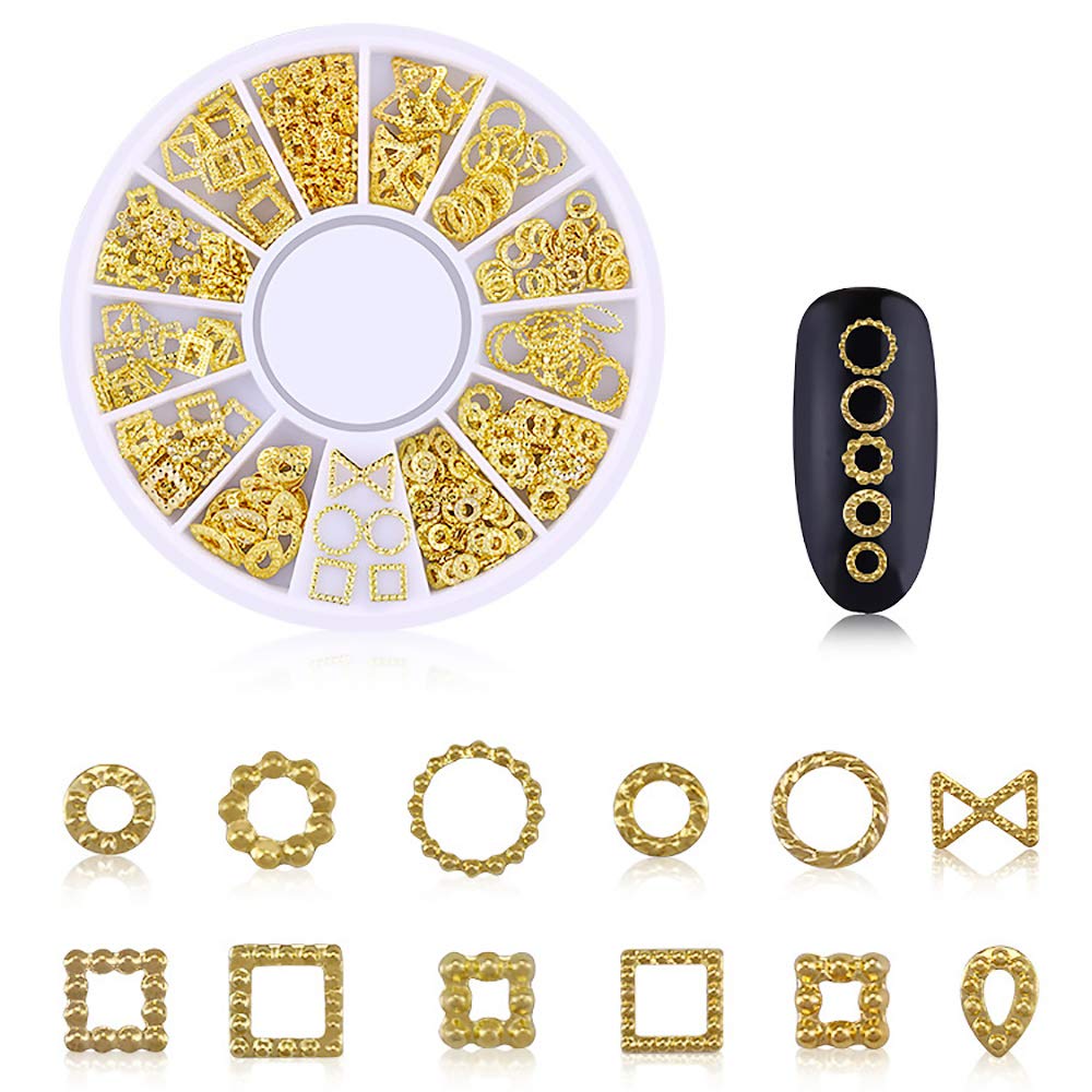 WOKOTO 6 Boxes Gold Hollow Nail Metal Studs Modern Cross Geometry Nail Art Charm 3D Nail Jewelry Decoration With 1Pc Tweezers And Picker Pencil