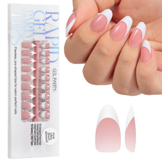 GELPARTY Rapid French Tip Press On Nails – 150Pcs, 15 Sizes | Pre-Shaped Soft Gel French Tips Pink Ultra Short Almond – Easy Salon Quality DIY