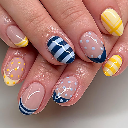 WLGDLH French Tip Press on Nails Short Oval Fake Nails, Blue Yellow False Nails Press ons Nail Art Tips with Polka Dot Stripes Design, Nude Glossy Finish Glue on Nails Stick on Nail for Women 24 Pcs