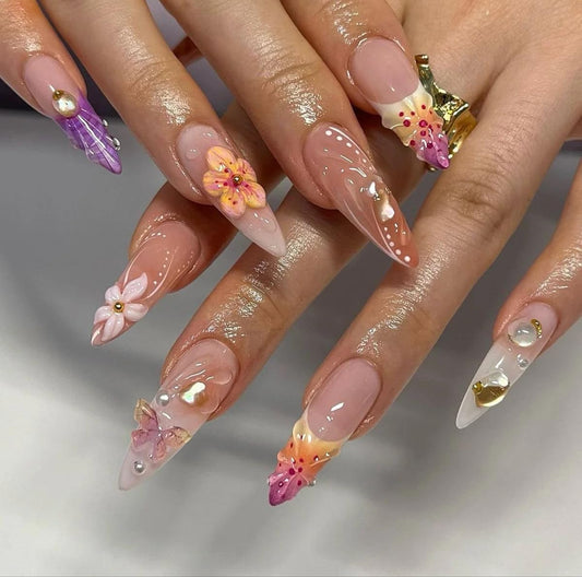 MAGLFELL Press on Nails - Handemade Long Almond Fake Nails, Unique 3D Glossy French Design False Nails, Luxury Stick On Nails for Women, 10 Pcs Acrylic Handmade Fingernails (Size L)