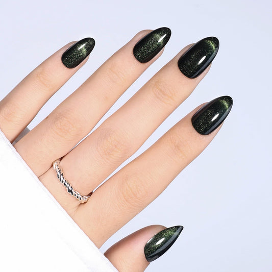 WiniBeauty Cat Eye French Tip Press On Nails Almond - Green Short Almond Fake Nails, Dark Green Cateye Press On Nails Reusable Stick On Nails in 16 Sizes 32pcs False Nail Kit for Women(Luminous Dark)