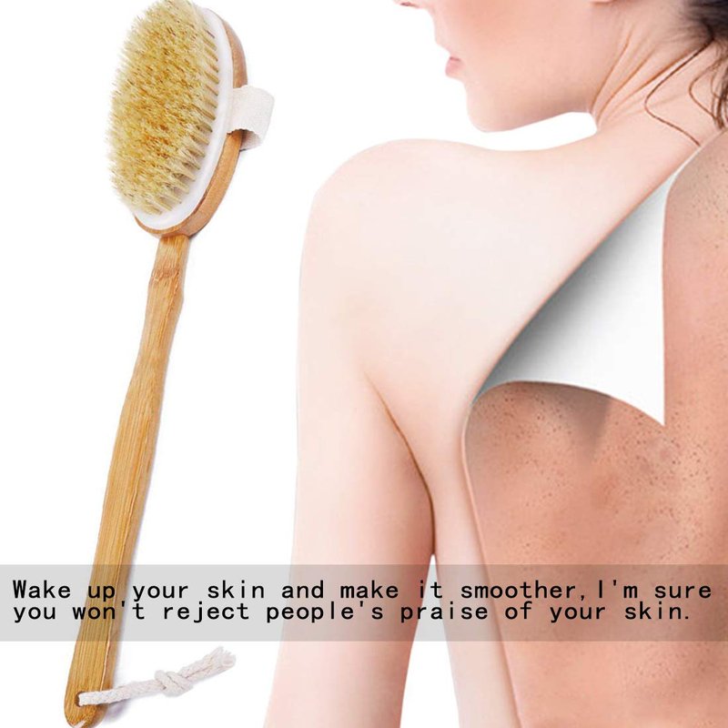 Shower Brush Bath & Dry Skin Body Brushing with Long Bamboo Detachable Hand & Soft Boar Bristle for Back Scrubber
