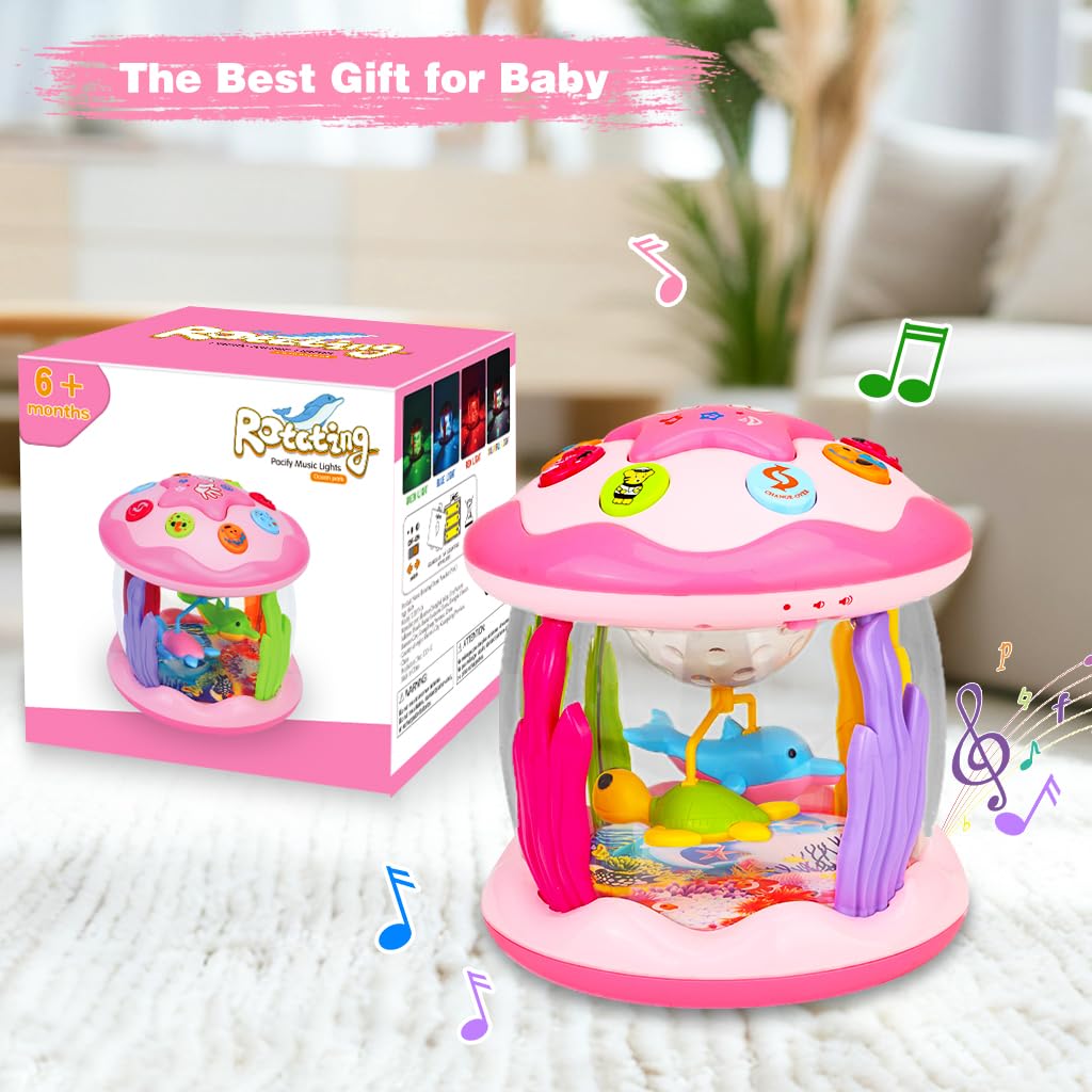 Aboosam Baby Girl Toys 6-12 Months: Babies Ocean Rotating Light Up Musical Toys 12-18 Months Crawling Learning Infant Toy for Toddlers 1 2 3 Years Old Baby Girl Gifts (Pink)