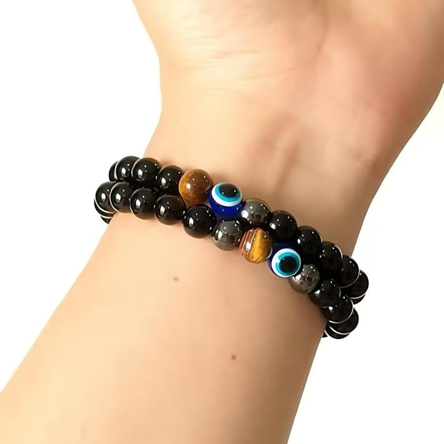 WEFRIN Evil Eye with Hematite Black Obsidian Tiger Eye Stone Triple Protection Bracelets for Men Women, Crystal Jewelry Stone Bracelets Bring Luck and Prosperity and Happiness (E-8mm(e))