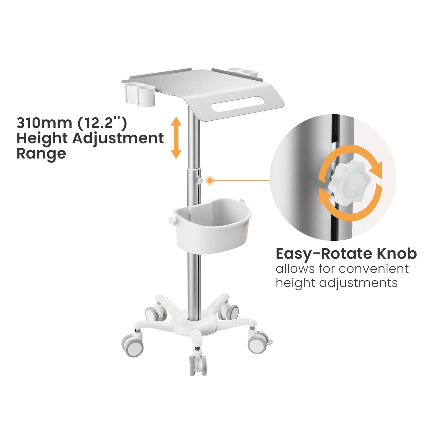 Mount Plus MB-C14 Medical Mobile Trolley with Wheels 33.1"-45.3" Height Adjustable Steel Dental Cart Rolling Ultrasound Lab Cart with 16.3"× 15.1" Large Tabletop | Scanner Holders