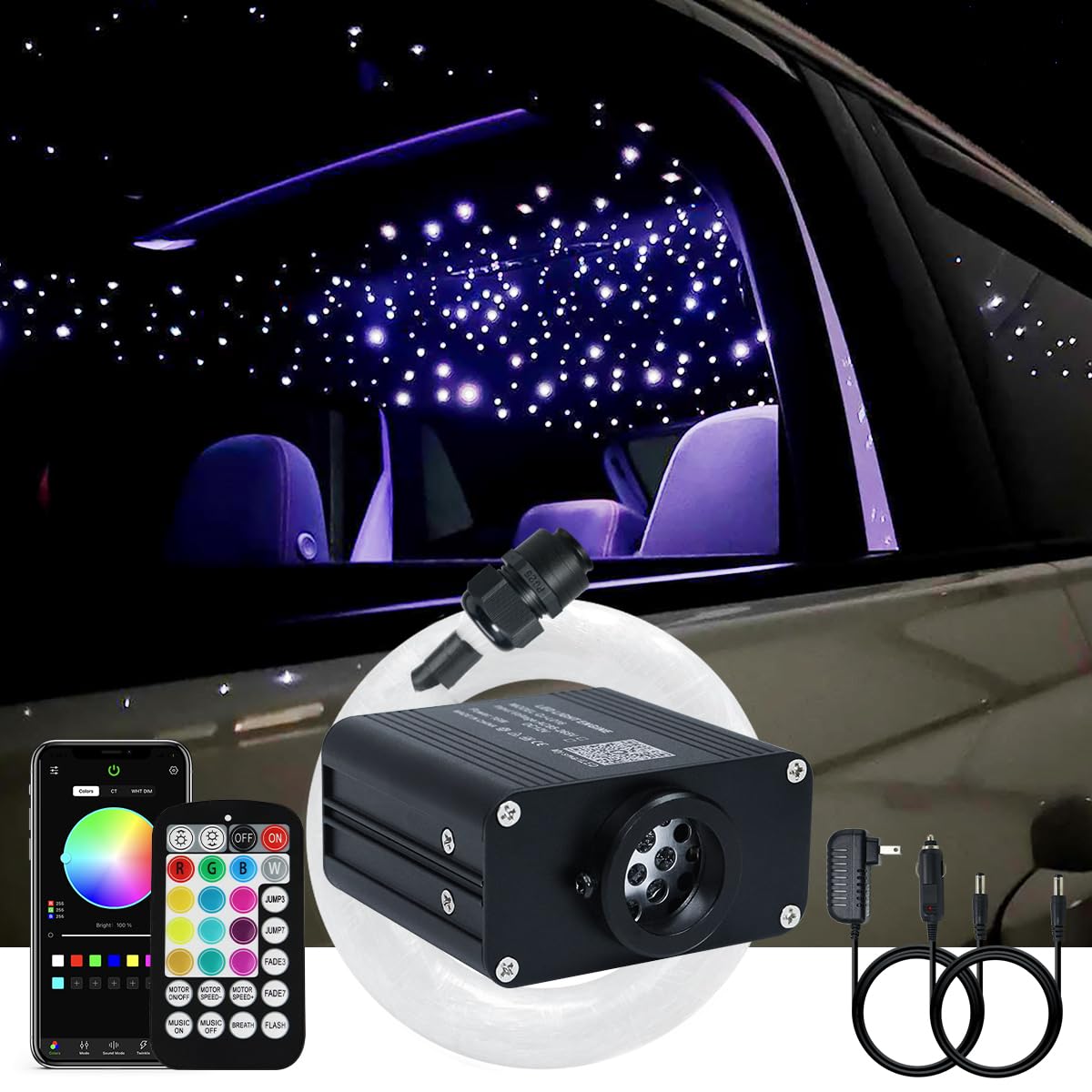AKEPO 16W Twinkle APP Fiber Optic Starlight Headliner Lights Kit, 650pcs 13.1ft/4m 0.03in Optical Fiber Star Music Activated RGBW Ceiling Light Kit for Car Headliner Star/Home