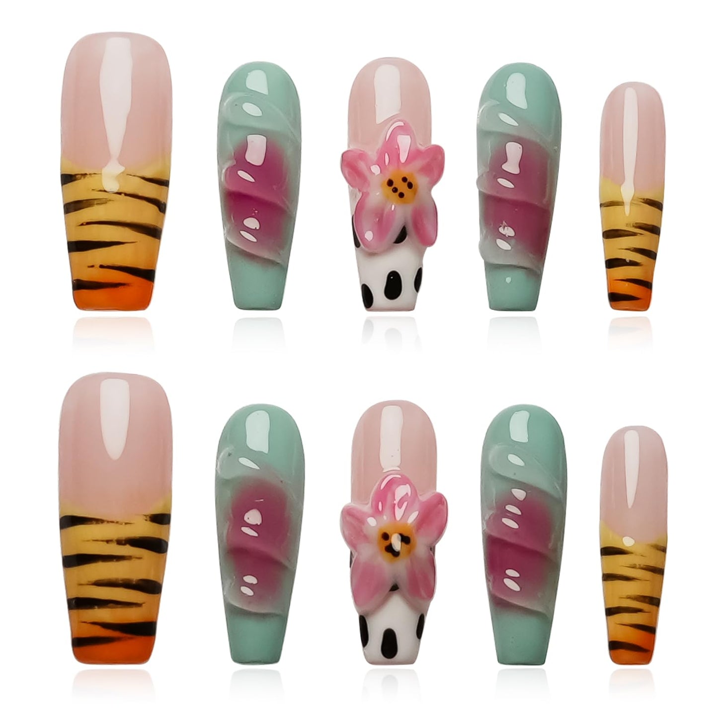 Tesytto Handmade Press on Nails Long Coffin Muti-Layer Gel Fake Nails - 3D Lotus Flowers & Tiger Print, French Tip Glossy Thick Acrylic Nails (Playful Zebra with Lotus,S)