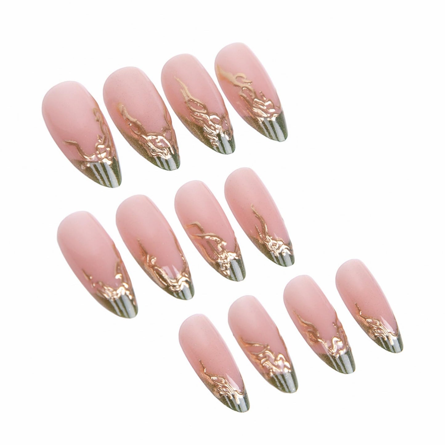 Medium Press on Nails Almond Fake Nails Green Acrylic Nail Press Ons Seeneey Gold Charm Designs Cat eye Stick on Nail for Women 24pcs