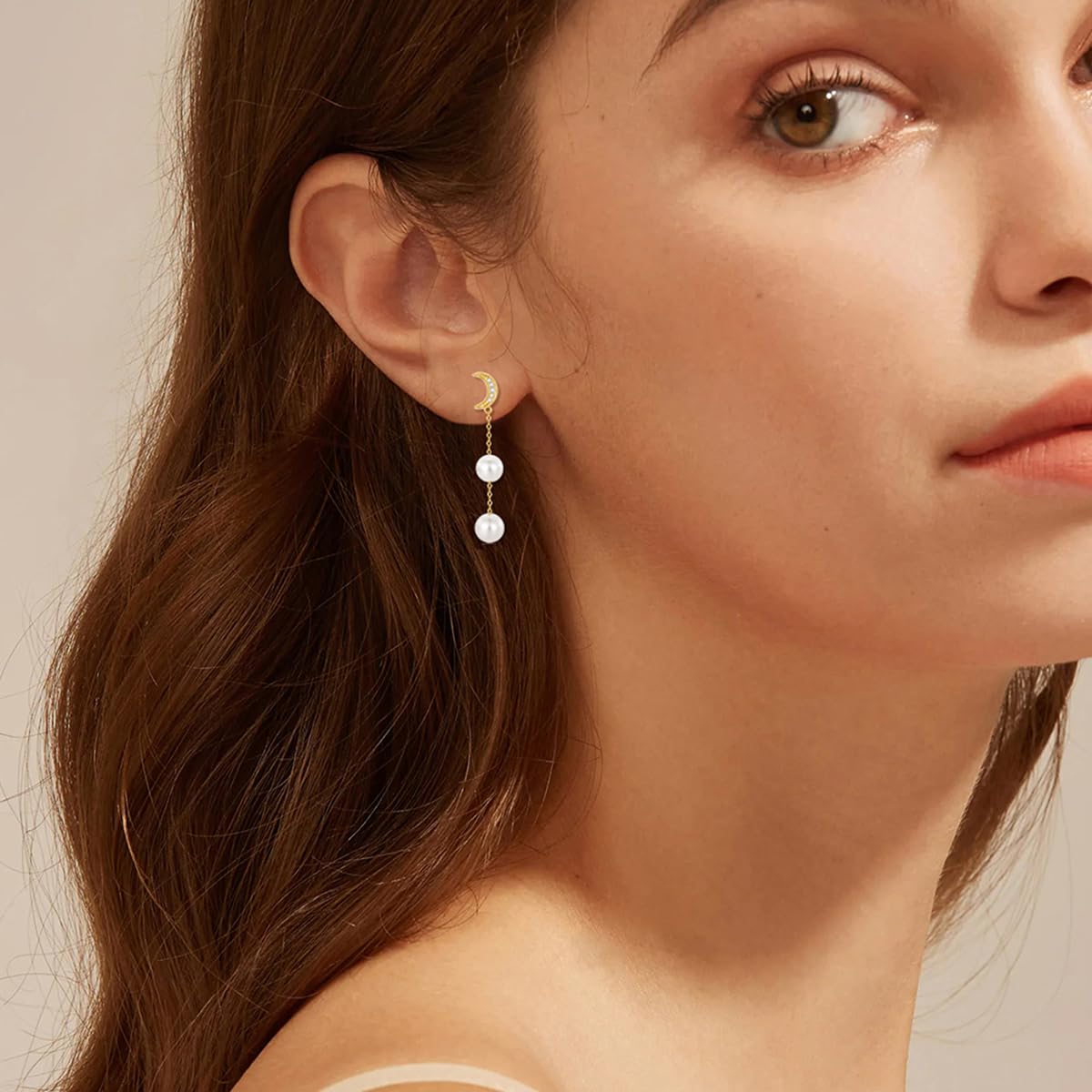 14K Gold Diamond Moon Pearl Earring and Leveas Pearl Necklace Set for Women, Fine Jewelry for Her