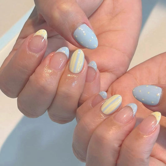 Short Almond Press On Nails - French Tip with Polka Dot & Striped Design, Light Blue Yellow Shades, 30Pcs - Cute, Reusable