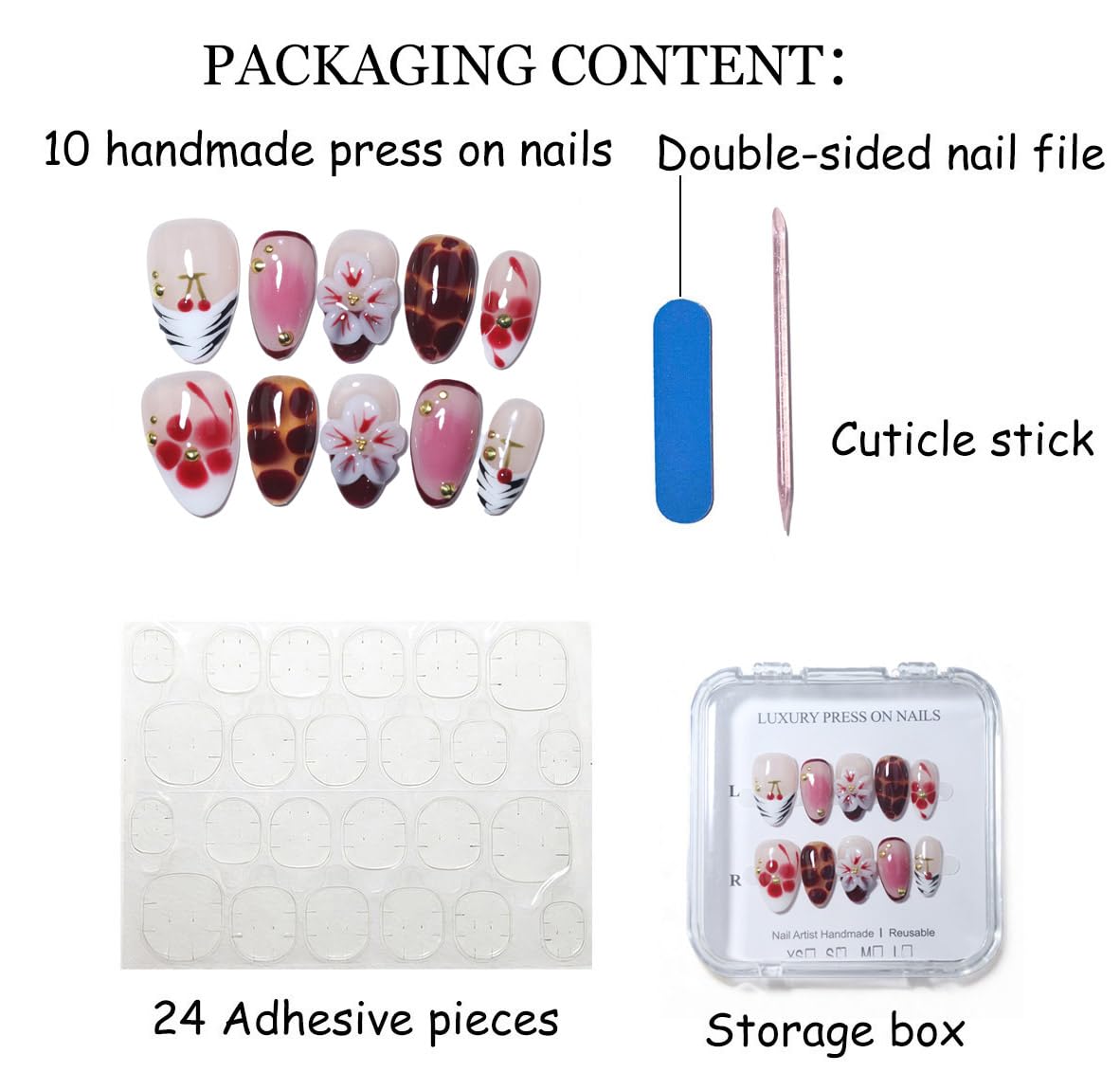 10Pcs Short Almond Handmade Press On Nails | Nude Pink & Red Ombre with Cherry, Tortoiseshell Print & 3D Floral Decor | Reusable Salon-Quality Fake Nails for Women and Girls(251213, S)