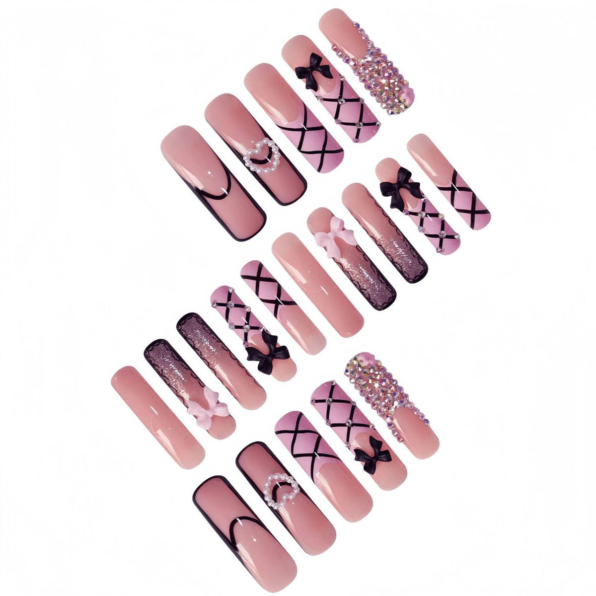 IMSOHOT Curved Press on Nails Long Square Fake Nails Pink Black French Tip False Nails with Bow, Glitter, Rhinestone Designs Cute Acrylic Extra Long Stick on Nails for Women Girls