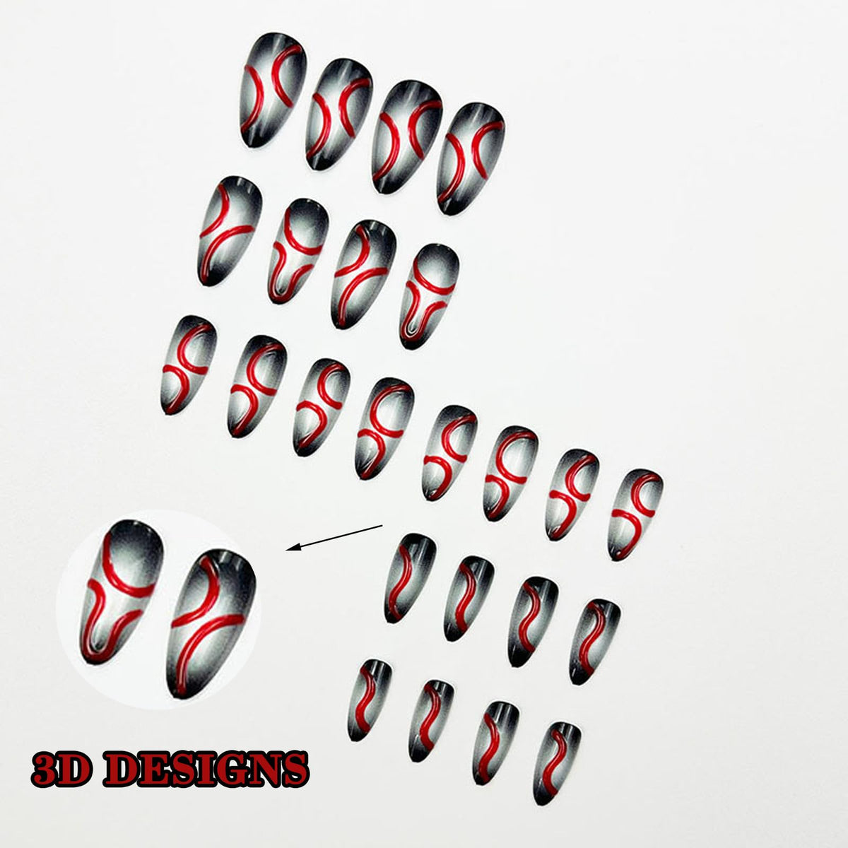 IMRAIN Press on Nails Medium Almond Fake Nails Black White Ombre False Nails with 3D Red Line Designs Full Cover Glossy Y2K DIY Nail Supplies Glue on Nails for Women Girls 24Pcs