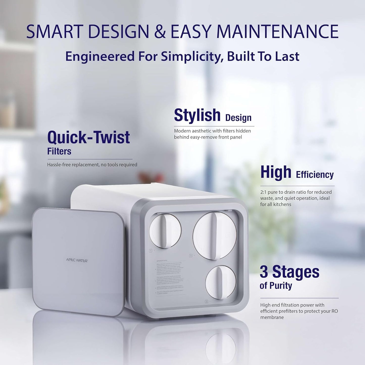 APEC Tankless Reverse Osmosis System, NSF 372 & 58 Certified 3 Stage Water Filtration Bottled Water Quality, High 1K GPD Faucet Flow, Efficient 2:1 Pure to Drain, Space Saving Design