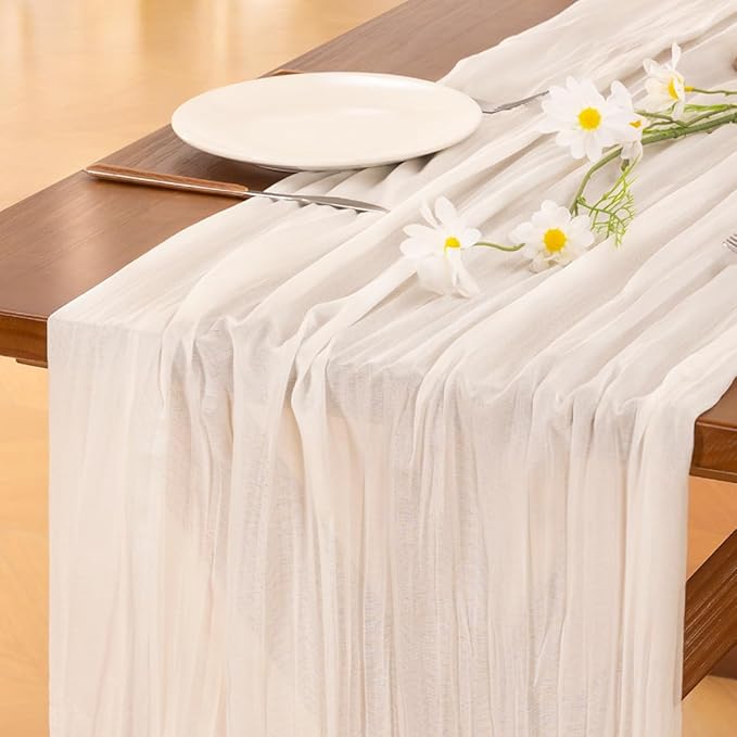 Socomi 15pcs Ivory White Cheesecloth Table Runner Summer Boho Rustic Gauze 120 inch 10FT Cheese Cloth Sheer Runner for Wedding Party Baby Shower Birthday Home Decor Holiday Decorations