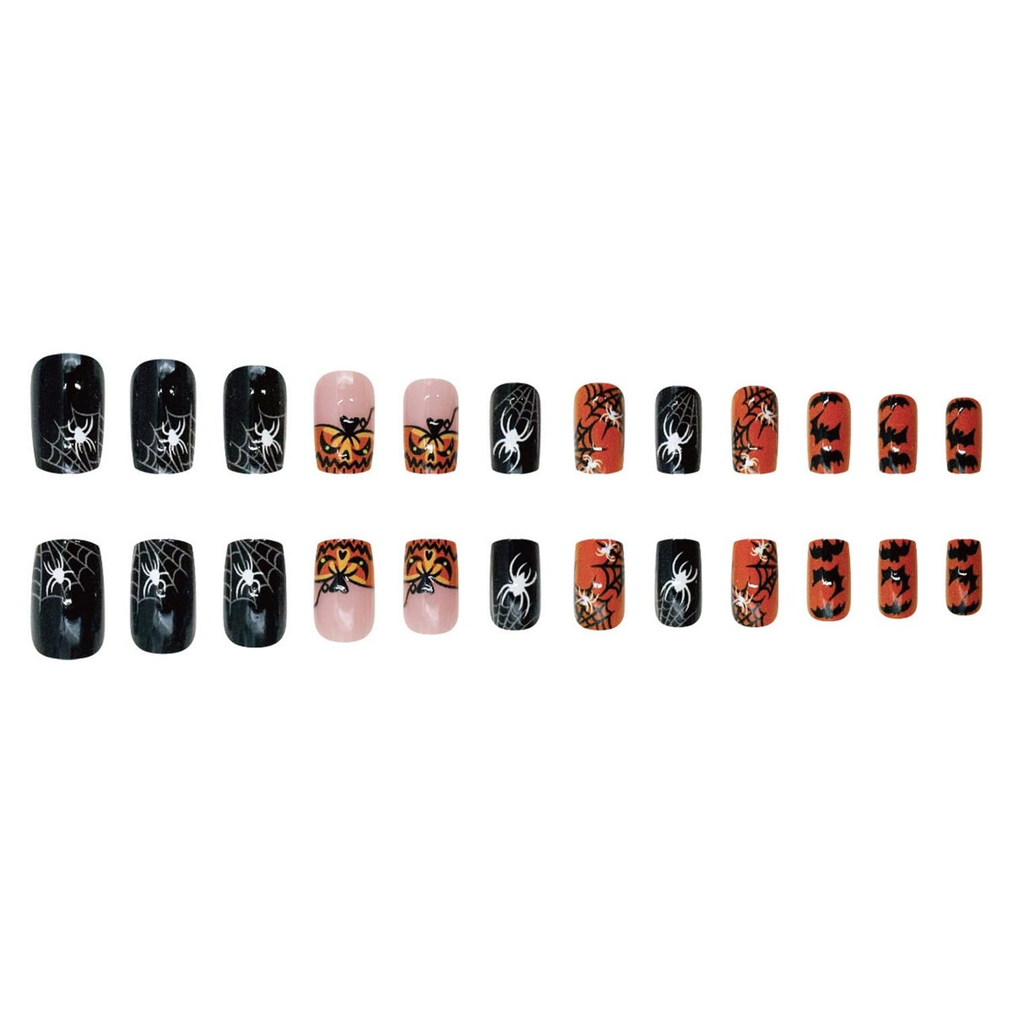 Halloween Press on Nail Medium Length Square Fake Nails Orange Black with Pumpkin Spider Web Bat designs Halloween False Nails Full Cover Glossy Reusable Acrylic Press ones for Women Party Manicure