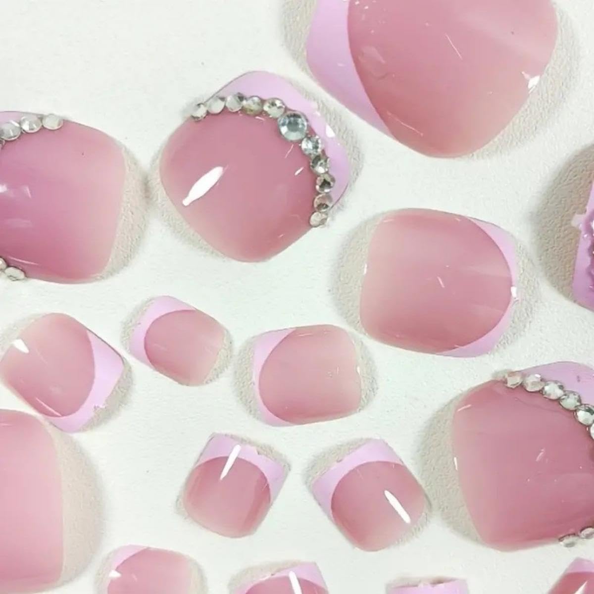 Pink French Tip Press On Toenails Short Square Fake Toes with Design Rhinestone Glue on Toe Nails Shiny Bling Summer False Toenails Reusable for Women Girls Foot Manicure 24pcs