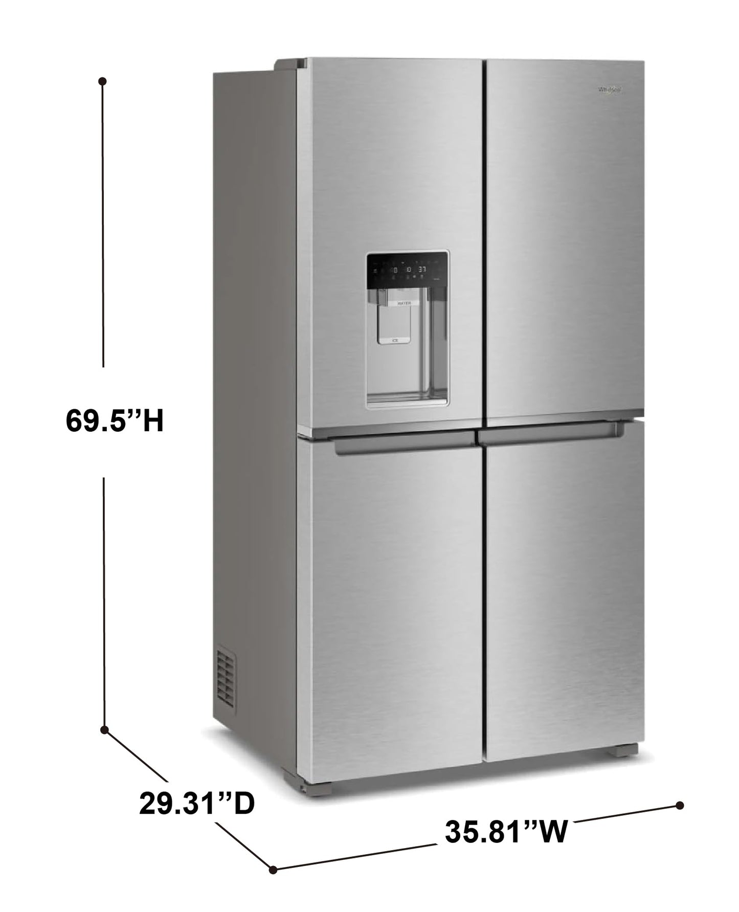 Whirlpool 36 Inch Counter-Depth 4-Door French Door Refrigerator with 19.1 Cu.ft. Capacity, Adjustable Shelves, Gallon Door Bins, Deli Drawer, In-Door-Ice® and Water, Auto Ice Maker